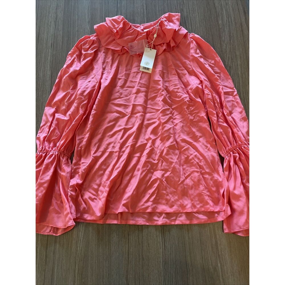 Tory Burch Ruffle‎ Blouse Size 0 All Silk Vivid Pink 650 - Picture 2 of 14